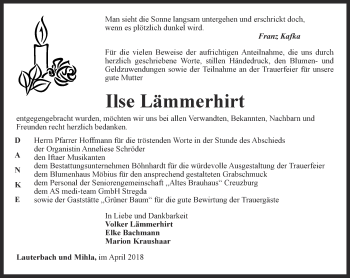 Traueranzeige von Ilse Lämmerhirt von Thüringer Allgemeine, Thüringische Landeszeitung