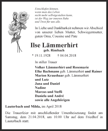 Traueranzeige von Ilse Lämmerhirt von Thüringer Allgemeine, Thüringische Landeszeitung