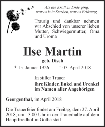 Traueranzeige von Ilse Martin von Ostthüringer Zeitung, Thüringische Landeszeitung