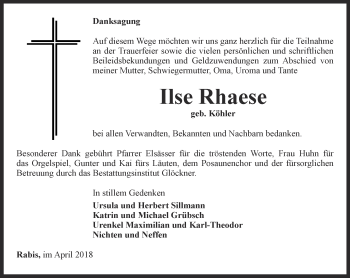 Traueranzeige von Ilse Rhaese von Ostthüringer Zeitung