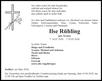Traueranzeige von Ilse Rühling von Thüringer Allgemeine, Thüringische Landeszeitung