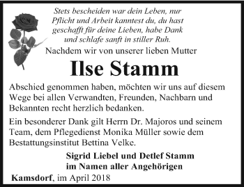 Traueranzeige von Ilse Stamm von Ostthüringer Zeitung