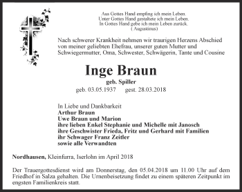 Traueranzeige von Inge Braun  von Thüringer Allgemeine