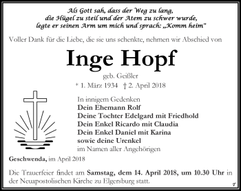 Traueranzeige von Inge Hopf von Thüringer Allgemeine