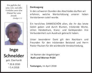 Traueranzeige von Inge Schneider von Thüringer Allgemeine