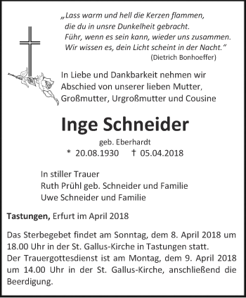 Traueranzeige von Inge Schneider von Thüringer Allgemeine
