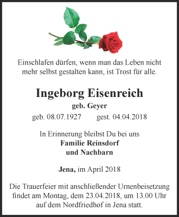 Traueranzeige von Ingeborg Eisenreich von Ostthüringer Zeitung, Thüringische Landeszeitung