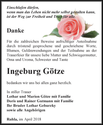 Traueranzeige von Ingeburg Götze von Thüringer Allgemeine, Thüringische Landeszeitung