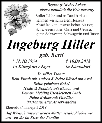 Traueranzeige von Ingeburg Hiller von Ostthüringer Zeitung