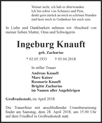 Traueranzeige von Ingeburg Knauft von Thüringer Allgemeine, Thüringische Landeszeitung