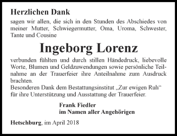 Traueranzeige von Ingeburg Lorenz von Thüringer Allgemeine, Thüringische Landeszeitung