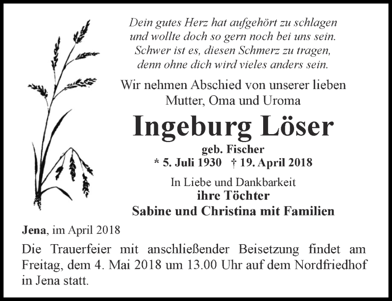  Traueranzeige für Ingeburg Löser vom 28.04.2018 aus Ostthüringer Zeitung, Thüringische Landeszeitung