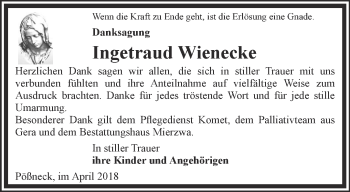 Traueranzeige von Ingetraud Wienecke von Ostthüringer Zeitung