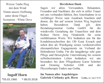 Traueranzeige von Ingolf Horn von Ostthüringer Zeitung, Thüringische Landeszeitung