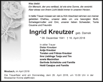 Traueranzeige von Ingrid Kreutzer von Thüringer Allgemeine, Thüringische Landeszeitung