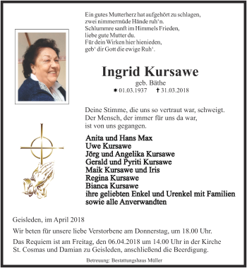 Traueranzeige von Ingrid Kursawe von Thüringer Allgemeine