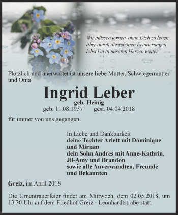 Traueranzeige von Ingrid Leber