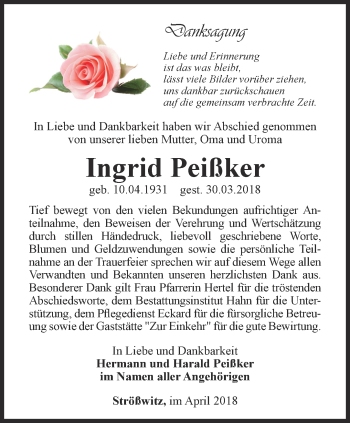 Traueranzeige von Ingrid Peißker