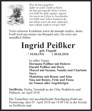 Traueranzeige von Ingrid Peißker