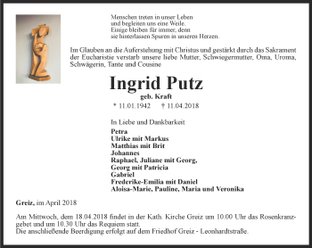 Traueranzeige von Ingrid Putz