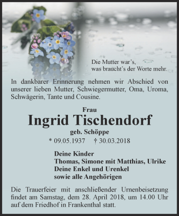 Traueranzeige von Ingrid Tischendorf von Ostthüringer Zeitung