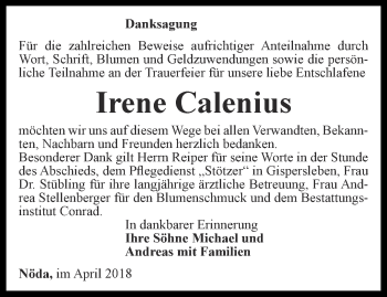 Traueranzeige von Irene Calenius von Thüringer Allgemeine, Thüringische Landeszeitung