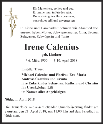 Traueranzeige von Irene Calenius von Thüringer Allgemeine, Thüringische Landeszeitung