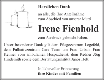 Traueranzeige von Irene Fienhold von Thüringer Allgemeine, Thüringische Landeszeitung