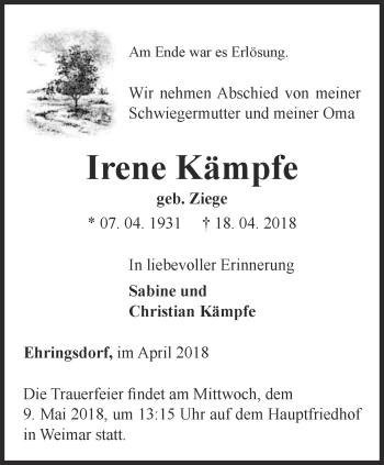 Traueranzeige von Irene Kämpfe von Thüringer Allgemeine, Thüringische Landeszeitung