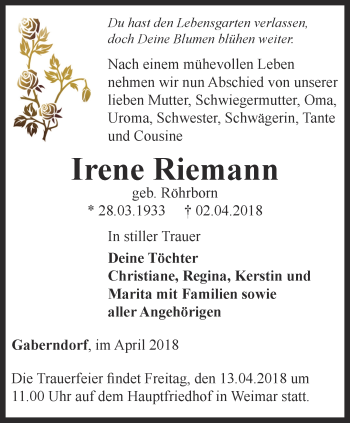 Traueranzeige von Irene Riemann von Thüringer Allgemeine, Thüringische Landeszeitung