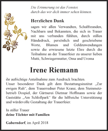 Traueranzeige von Irene Riemann von Thüringer Allgemeine, Thüringische Landeszeitung