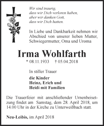 Traueranzeige von Irma Wohlfarth von Ostthüringer Zeitung