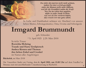 Traueranzeige von Irmgard Brummundt von Thüringer Allgemeine