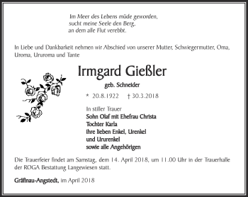 Traueranzeige von Irmgard Gießler von Thüringer Allgemeine