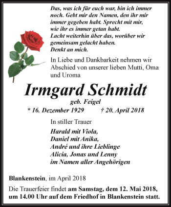 Traueranzeige von Irmgard Schmidt von Ostthüringer Zeitung