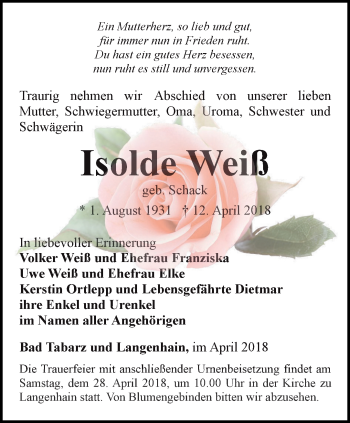 Traueranzeige von Isolde Weiß von Ostthüringer Zeitung, Thüringische Landeszeitung