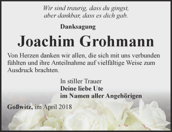 Traueranzeige von Joachim Grohmann von Ostthüringer Zeitung