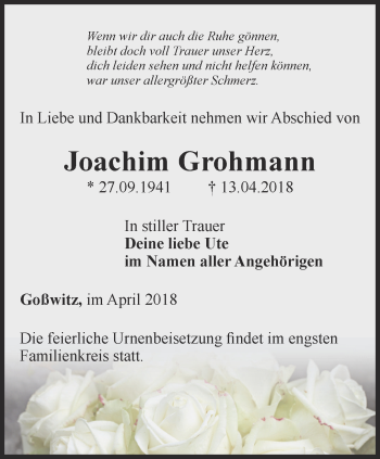 Traueranzeige von Joachim Grohmann von Ostthüringer Zeitung