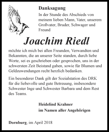 Traueranzeige von Joachim Riedl von Ostthüringer Zeitung, Thüringische Landeszeitung