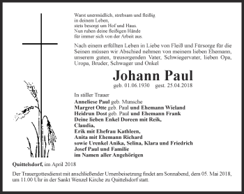 Traueranzeige von Johann Paul