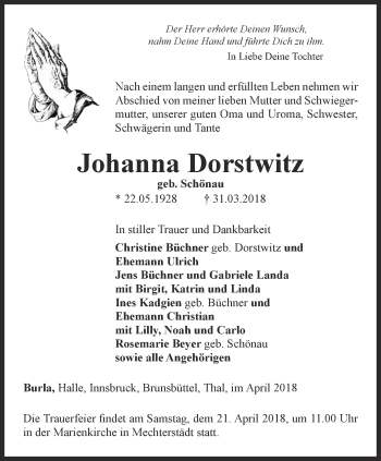 Traueranzeige von Johanna Dorstwitz von Ostthüringer Zeitung, Thüringische Landeszeitung