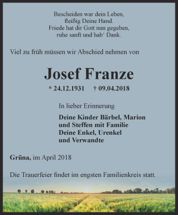 Traueranzeige von Josef Franze