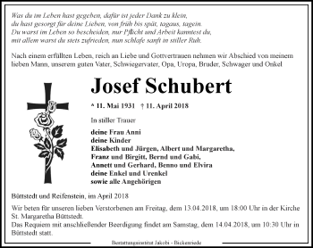 Traueranzeige von Josef Schubert von Thüringer Allgemeine