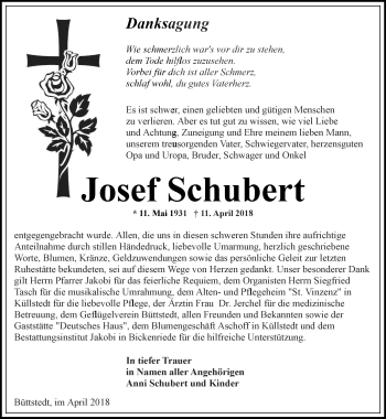 Traueranzeige von Josef Schubert von Thüringer Allgemeine