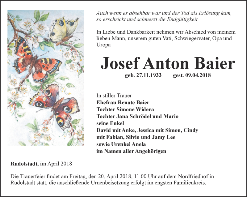  Traueranzeige für Josef Anton Baier vom 13.04.2018 aus Ostthüringer Zeitung