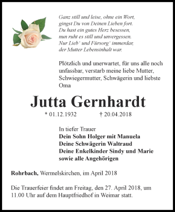 Traueranzeige von Jutta Gernhardt von Thüringer Allgemeine, Thüringische Landeszeitung