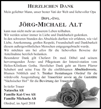 Traueranzeige von Jörg-Michael Alt von Ostthüringer Zeitung, Thüringische Landeszeitung