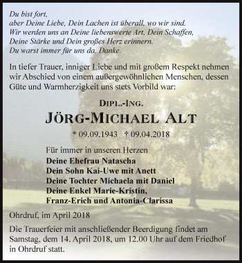 Traueranzeige von Jörg-Michael Alt von Ostthüringer Zeitung, Thüringische Landeszeitung