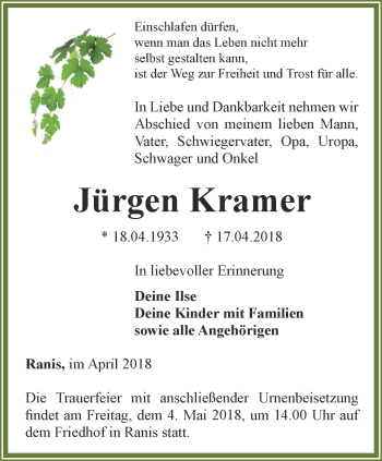 Traueranzeige von Jürgen Kramer von Ostthüringer Zeitung