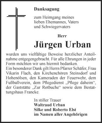 Traueranzeige von Jürgen Urban von Ostthüringer Zeitung